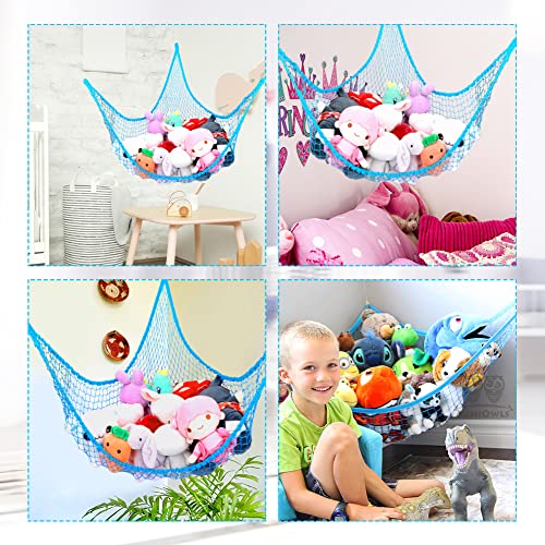 Corner Stuffed Toy Hammock with LED Light, Corner Plush Toy Net Holder, Stuffed Animals Hanging Storage Net, Hanging Toy Net Hammock for Nursery Play Room Bedroom(Blue)