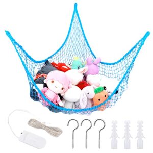 Corner Stuffed Toy Hammock with LED Light, Corner Plush Toy Net Holder, Stuffed Animals Hanging Storage Net, Hanging Toy Net Hammock for Nursery Play Room Bedroom(Blue)