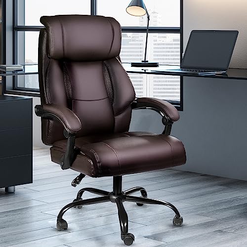 Ollega Executive Office Chair, OL930 Big and Tall Office Chair 400lbs with 160° Adjustable Backrest, High Back Heavy Duty Leather Home Office Desk Chair, Ergonomic Managerial Task Chairs Brown