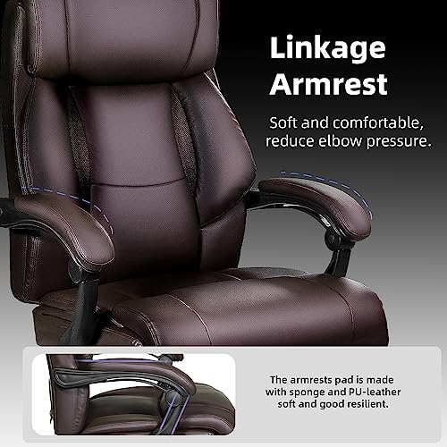 Ollega Executive Office Chair, OL930 Big and Tall Office Chair 400lbs with 160° Adjustable Backrest, High Back Heavy Duty Leather Home Office Desk Chair, Ergonomic Managerial Task Chairs Brown