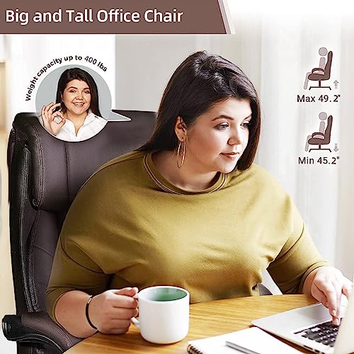 Ollega Executive Office Chair, OL930 Big and Tall Office Chair 400lbs with 160° Adjustable Backrest, High Back Heavy Duty Leather Home Office Desk Chair, Ergonomic Managerial Task Chairs Brown