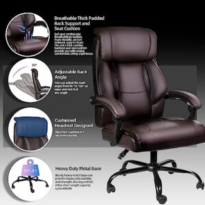 Ollega Executive Office Chair, OL930 Big and Tall Office Chair 400lbs with 160° Adjustable Backrest, High Back Heavy Duty Leather Home Office Desk Chair, Ergonomic Managerial Task Chairs Brown