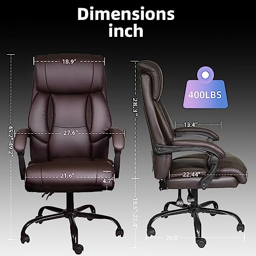 Ollega Executive Office Chair, OL930 Big and Tall Office Chair 400lbs with 160° Adjustable Backrest, High Back Heavy Duty Leather Home Office Desk Chair, Ergonomic Managerial Task Chairs Brown