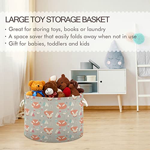 Kigai Fox Animal Cartoon Cotton Rope Basket Large Collapsible Baby Laundry Basket Blanket Basket Kid's Toy Storage Basket Organizer for Nursery Bedroom Home Decor