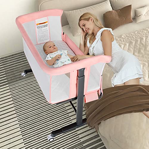 Kinder King Baby Bassinet w/Wheels, Folding Portable Newborn Bedside Sleeper, All-Sided Mesh Infant Crib, Adjustable Height/Angle, Removable Soft Mattress, No Tool to Assemble, Pink