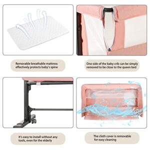 Kinder King Baby Bassinet w/Wheels, Folding Portable Newborn Bedside Sleeper, All-Sided Mesh Infant Crib, Adjustable Height/Angle, Removable Soft Mattress, No Tool to Assemble, Pink