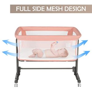 Kinder King Baby Bassinet w/Wheels, Folding Portable Newborn Bedside Sleeper, All-Sided Mesh Infant Crib, Adjustable Height/Angle, Removable Soft Mattress, No Tool to Assemble, Pink