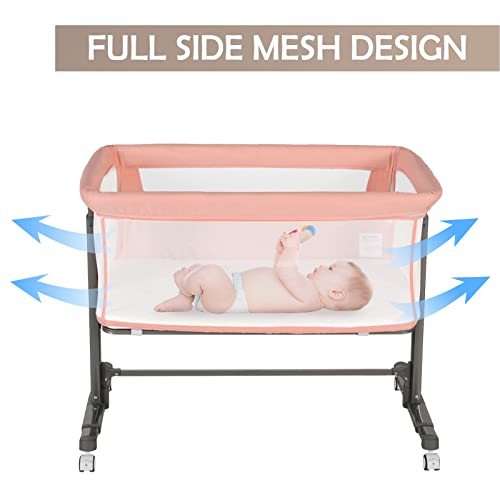 Kinder King Baby Bassinet w/Wheels, Folding Portable Newborn Bedside Sleeper, All-Sided Mesh Infant Crib, Adjustable Height/Angle, Removable Soft Mattress, No Tool to Assemble, Pink