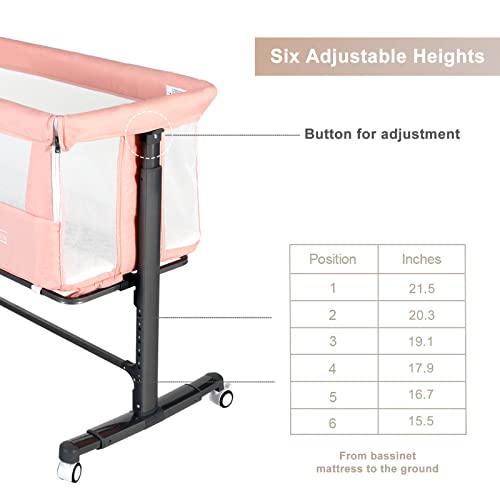 Kinder King Baby Bassinet w/Wheels, Folding Portable Newborn Bedside Sleeper, All-Sided Mesh Infant Crib, Adjustable Height/Angle, Removable Soft Mattress, No Tool to Assemble, Pink