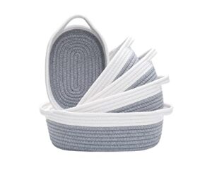 hnbqmx 5-piece rectangular storage basket set-natural cotton rope woven baskets for organizing, small basket with handles for shelves, toy baskets, basket for storage, storage bin(white & gray)