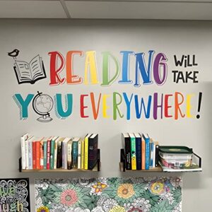 reading will take you everywhere inspirational quote wall decal sticker, motivational phrase nursery decoration classroom bedroom playroom art, kid study room library wall sticker decor