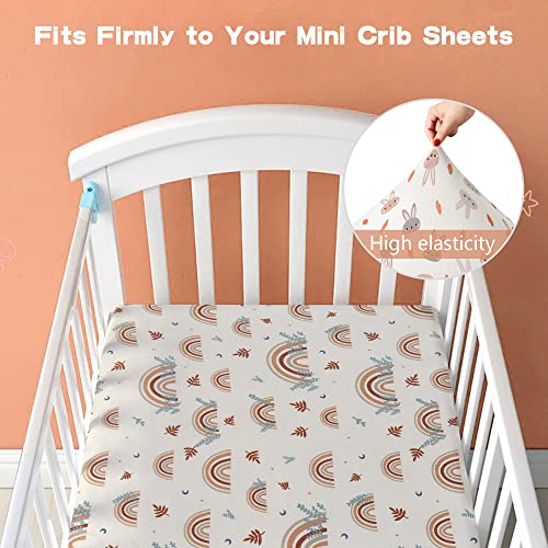 Pack and Play Sheets 2 Pack Stretchy Pack N Play Sheets with Elastic Band, Portable Mini Crib Sheets Fitted Most Standard Size Crib Mattress, Soft and Breathable Material(Rainbow and Rabbit)