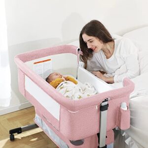 ihoming baby bassinet bedside sleeper, baby bed side crib with storage basket, easy folding bassinets, adjustable baby bed for infant newborn, pink