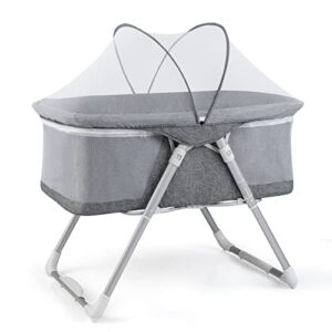 honey joy baby bassinet, 2 in 1 rocking cradle bassinet & bedside sleeper bassinet, quick-fold newborn portable bassinet w/canopy & mattress, carry bag, travel bassinet for infant girls boys (gray)