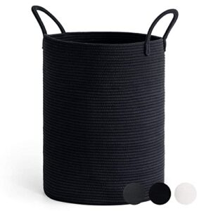 goodpick black woven rope laundry basket, tall modern laundry hamper for clothes, blankets, toys, towels, pillows, laundry bin for living room, bedroom, entryway, 15 x 20 inches, 58l