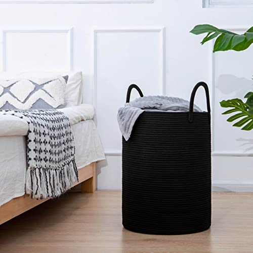 Goodpick Black Woven Rope Laundry Basket, Tall Modern Laundry Hamper for Clothes, Blankets, Toys, Towels, Pillows, Laundry Bin for Living Room, Bedroom, Entryway, 15 x 20 inches, 58L