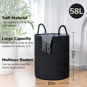 Goodpick Black Woven Rope Laundry Basket, Tall Modern Laundry Hamper for Clothes, Blankets, Toys, Towels, Pillows, Laundry Bin for Living Room, Bedroom, Entryway, 15 x 20 inches, 58L