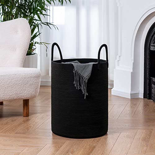 Goodpick Black Woven Rope Laundry Basket, Tall Modern Laundry Hamper for Clothes, Blankets, Toys, Towels, Pillows, Laundry Bin for Living Room, Bedroom, Entryway, 15 x 20 inches, 58L