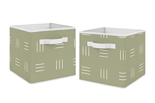 Sweet Jojo Designs Sage Green Boho Mudcloth Foldable Fabric Storage Cube Bins Boxes Organizer Toys Kids Baby Childrens Set of 2 White Bohemian Woodland Tribal Southwest Mud Cloth Hatch Triple Line