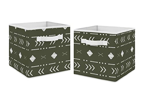 Sweet Jojo Designs Hunter Green Boho Tribal Mudcloth Foldable Fabric Storage Cube Bins Boxes Organizer Toys Kid Baby Children Set of 2 White Woodland Bohemian Southwest Geometric Arrow Aztec Mud Cloth