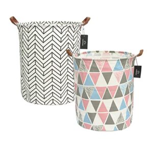 collapsible laundry basket - godenmoning 2x 62.8l large sized round waterproof storage bin with leather handles,home decor,toy organizer,children nursery hamper.（2 packs，colorful triangle & thick flow mark）