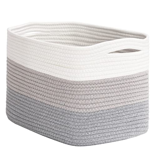 Goodpick Woven Rope Storage Basket, Soft Baby Nursery Storage Basket for Books, Toys, Towels, Magazines, Rectangle Shelf Basket for Bedroom, Closet, Living Room, 15 x 10 x 9 inches, Grey