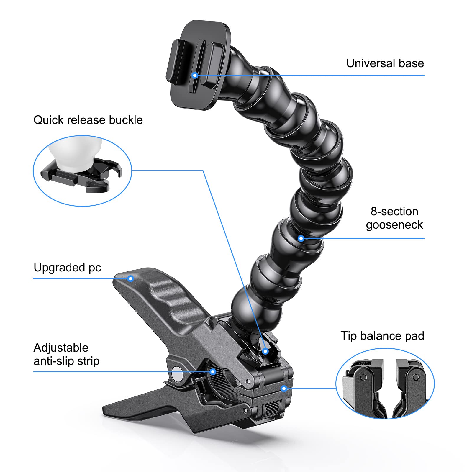 Starbea Jaws Flex Clamp Mount with Adjustable Gooseneck Compatible with GoPro Hero 10, 9, 8, 7, 6, 5, 4, Session, 3+, 3, 2, 1, Max, Hero (2018), Fusion, DJI Osmo Action Cameras