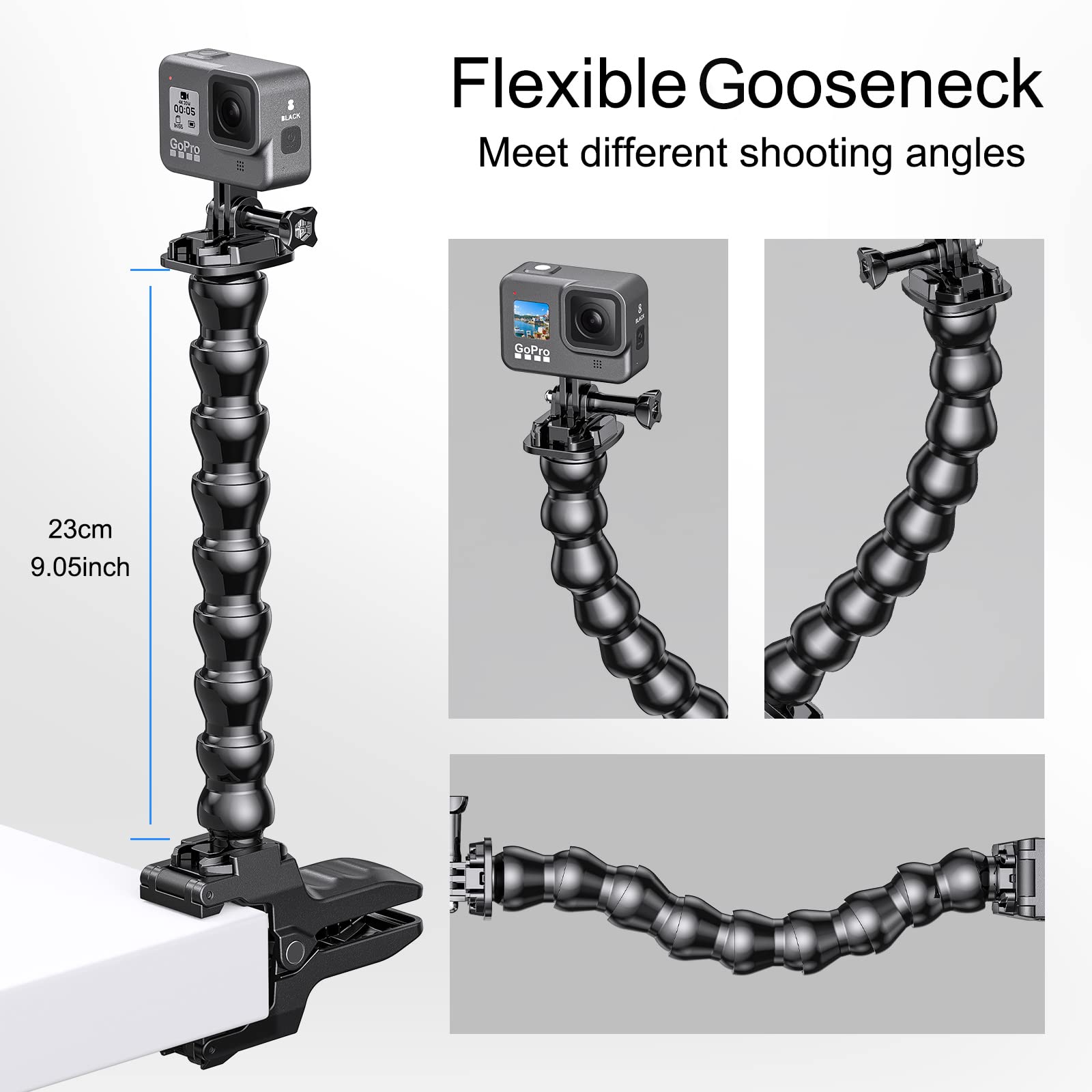 Starbea Jaws Flex Clamp Mount with Adjustable Gooseneck Compatible with GoPro Hero 10, 9, 8, 7, 6, 5, 4, Session, 3+, 3, 2, 1, Max, Hero (2018), Fusion, DJI Osmo Action Cameras