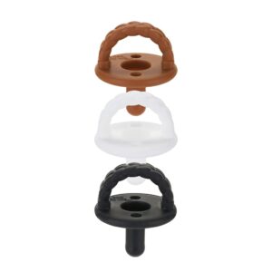 itzy ritzy sweetie soother pacifier set of 3 - silicone newborn pacifiers with collapsible handle & two air holes for added safety; set of 3 in coffee & cream, ages newborn & up