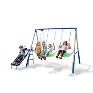 sportspower super lights metal swing set with led swing seats, 2 person glider and 5ft slide, 500lb capacity, light grey and blue