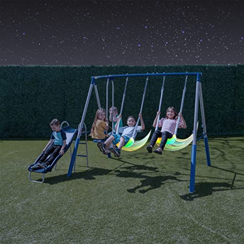 Sportspower Super Lights Metal Swing Set with LED Swing Seats, 2 Person Glider and 5ft Slide, 500lb Capacity, Light Grey and Blue