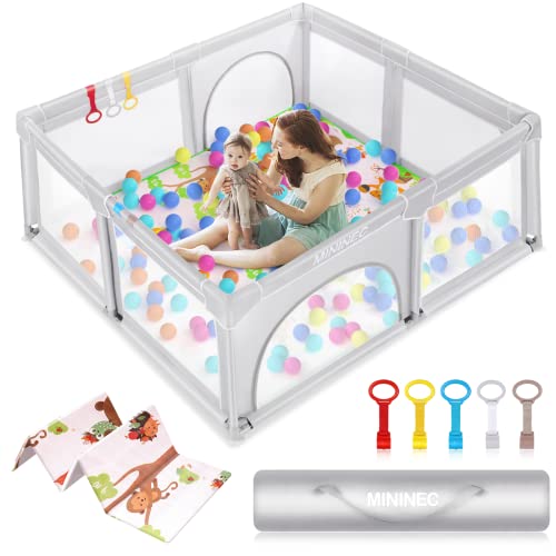 Baby Playpen with Mat,70"x59" Baby Playpen for Babies and Toddlers,Kids Playard Activity Center with Anti-Slip Design,Zipper Gates with Visible Mesh,Hand Rings