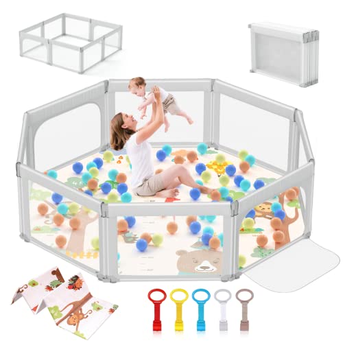 Baby Playpen with Mat,70"x70" Extra Large Baby Playpen for Babies and Toddlers,Kids Playard Activity Center with Anti-Slip Design,Zipper Gates with Visible Mesh,Hand Rings