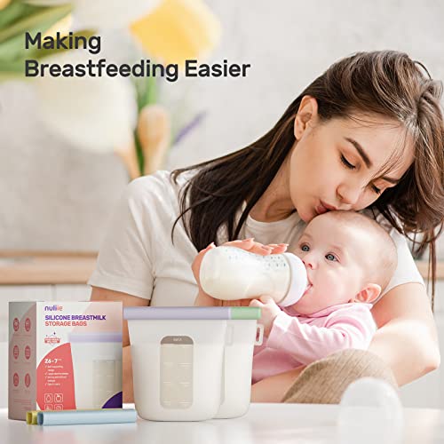 Nuliie 7 Pcs Silicone Breastmilk Storage Bags Reusable, 8oz/240ml Double Leak-Proof Breastmilk Freezer Bags, BPA Free Self-Standing Milk Bags for Breastfeeding, Baby Food Pouches