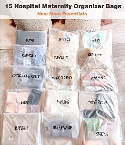 15 Pack Hospital Bags for Labor and Delivery,11 x 14 Inch Maternity Hospital Bag Essentials for Mommy Dad Newborn Baby,Diaper Bag Organizing Pouches Resealable Frosted Pre Packed Bag for First Time New Mom Must Haves