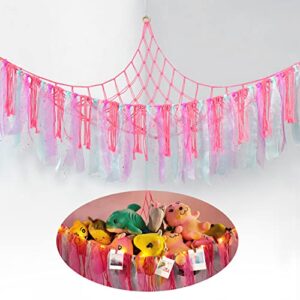 stuffed animal net or hammock with led light, macrame stuffed animal storage hanging toy net with tassels, corner plush toy hammock organizer mesh holder for nursery playroom bedroom(battery included)