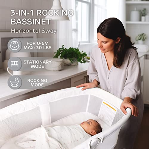 TCBunny Rocking Bassinet & Baby Bassinet Bedside Sleeper, 2-Sided Mesh Portable Bed Crib for Newborn Baby, Trave Bag Included (White)