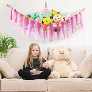 Stuffed Animal Net or Hammock with LED Light, Macrame Stuffed Animal Storage Hanging Toy Net with Tassels, Corner Plush Toy Hammock Organizer Mesh Holder for Nursery Playroom Bedroom(Battery Included)