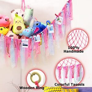 Stuffed Animal Net or Hammock with LED Light, Macrame Stuffed Animal Storage Hanging Toy Net with Tassels, Corner Plush Toy Hammock Organizer Mesh Holder for Nursery Playroom Bedroom(Battery Included)