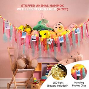 Stuffed Animal Net or Hammock with LED Light, Macrame Stuffed Animal Storage Hanging Toy Net with Tassels, Corner Plush Toy Hammock Organizer Mesh Holder for Nursery Playroom Bedroom(Battery Included)