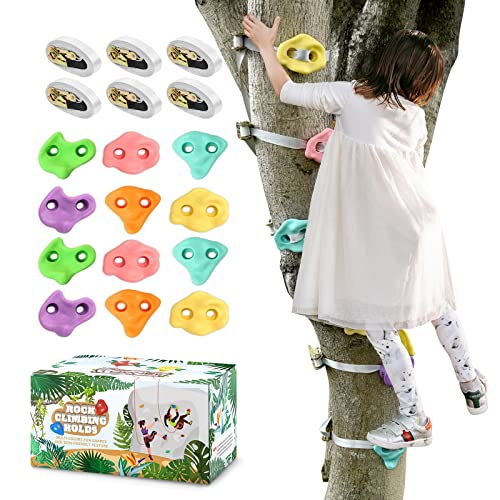 TOPNEW 12 Ninja Tree Climbing Holds for Kids Climber, Tree Climbing Kit with 6 Ratchet Straps for Outdoor Ninja Warrior Obstacle Course Training, Pastel Color