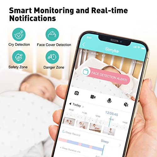 Simyke Smart Video Baby Monitor WiFi Smart Phone 1080P Camera,AI Detection,Cry Monitor and Lullabies,HD Night Vision,Two-Way Audio,Cloud & SD Card Storage,Connect Smart Watch App Control