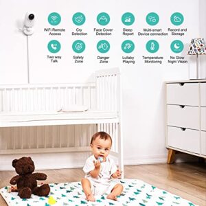 Simyke Smart Video Baby Monitor WiFi Smart Phone 1080P Camera,AI Detection,Cry Monitor and Lullabies,HD Night Vision,Two-Way Audio,Cloud & SD Card Storage,Connect Smart Watch App Control