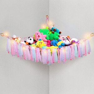 stuffed animal storage with colorful tassels- boho stuffed animal net or hammock with led light for girls- stuffed animal hammock toy holder for kids room nursery play room (39.4 x 39.4 x 59 inches)