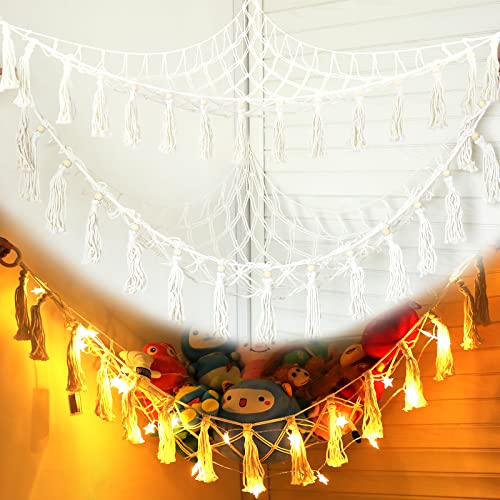 Stuffed Animal Net or Hammock with LED Light,Hanging Corner Net for Stuffed Animals Storage, Stuffed Animal Hammock Holder with Hooks for Hanging, Toy Organizer for Bedroom Nursery Crib Kindergarten