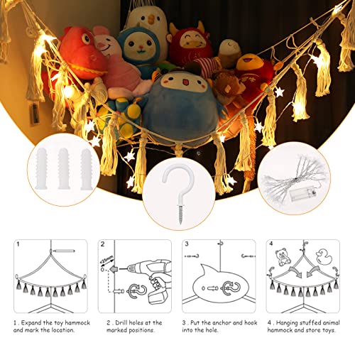 Stuffed Animal Net or Hammock with LED Light,Hanging Corner Net for Stuffed Animals Storage, Stuffed Animal Hammock Holder with Hooks for Hanging, Toy Organizer for Bedroom Nursery Crib Kindergarten