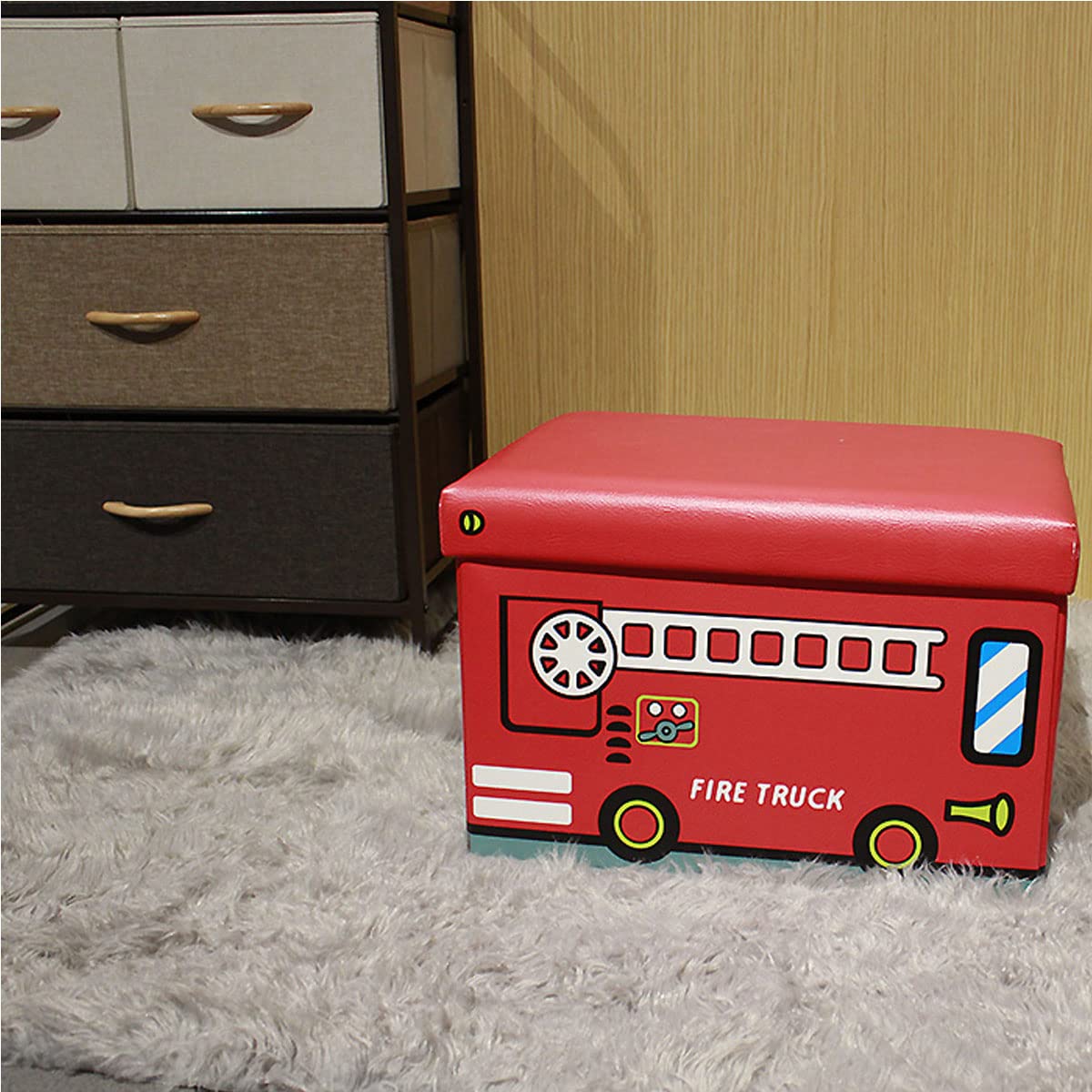 HOERGOTS Toy Chest with Lid Sturdy Toy Box for Boys Girls Fire Truck Pattern Foldable Children Storage Ottoman Bench Holds up to 660 lb, 19"x12"x12" (Red)