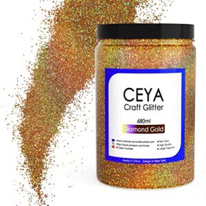 ceya holographic ultra fine glitter powder, 17.63oz/500g diamond gold glitter sequins iridescent nail flakes 1/128” 0.008” 0.2mm for craft resin tumbler jewelry christmas decor makeup scrapbook cards