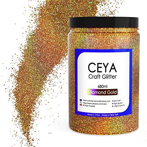 Ceya Holographic Ultra Fine Glitter Powder, 17.63oz/500g Diamond Gold Glitter Sequins Iridescent Nail Flakes 1/128” 0.008” 0.2mm for Craft Resin Tumbler Jewelry Christmas Decor Makeup Scrapbook Cards