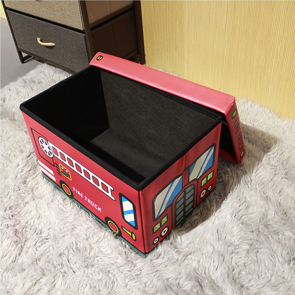 HOERGOTS Toy Chest with Lid Sturdy Toy Box for Boys Girls Fire Truck Pattern Foldable Children Storage Ottoman Bench Holds up to 660 lb, 19"x12"x12" (Red)